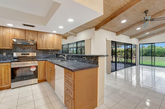21065 Escondido Way, Boca Raton, FL 33433 - kitchen featuring stainless steel electric range, under cabinet range hood, white dishwasher, backsplash, and light tile patterned floors
