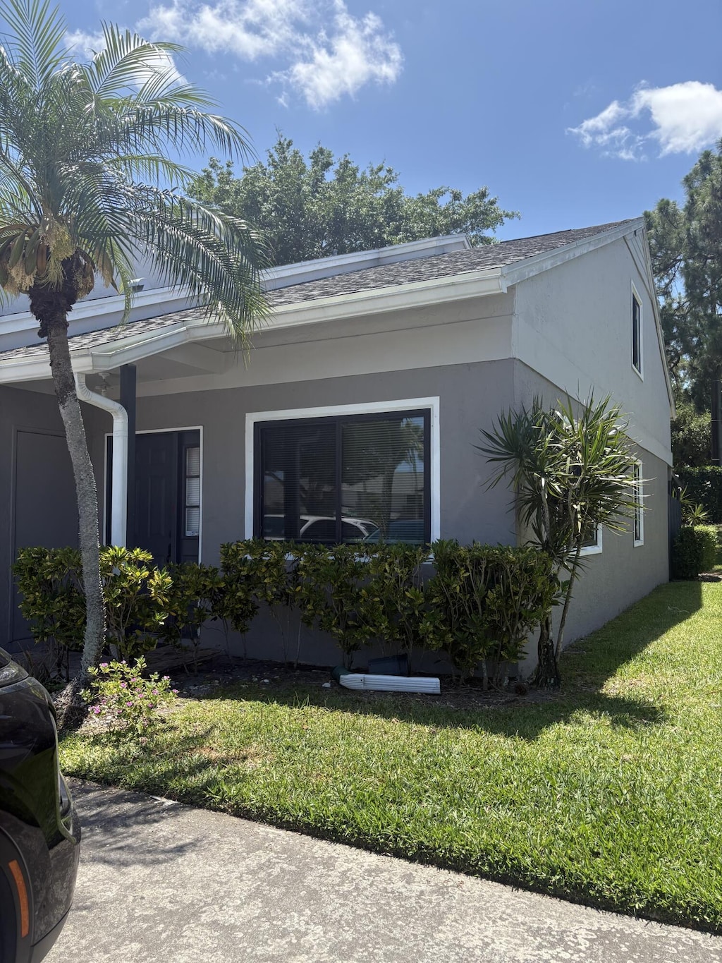 view of home's exterior with a lawn and stucco siding