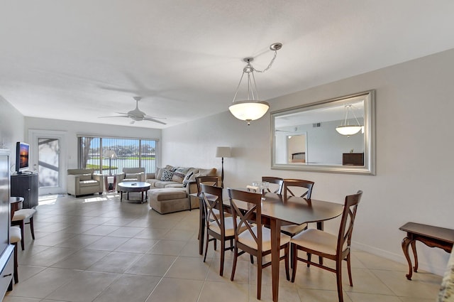 9214 Flynn Cir # 6, Boca Raton, FL 33496 - dining room featuring a water view, tile patterned floors, and ceiling fan