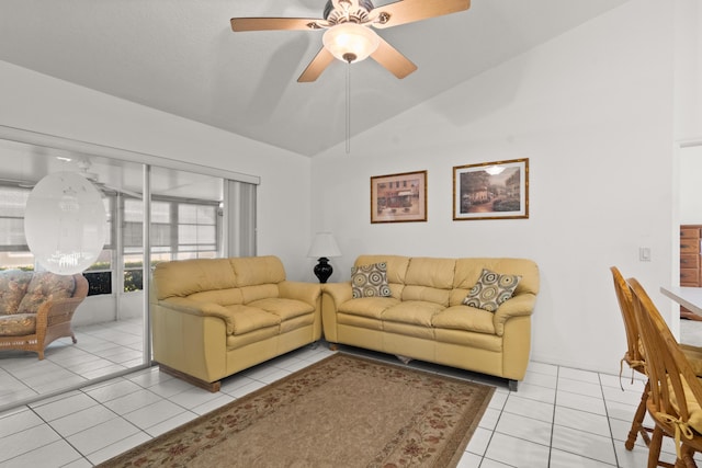 460 NW Turin Ct, Port Saint Lucie, FL 34986 - living room featuring vaulted ceiling, light tile patterned floors, and ceiling fan