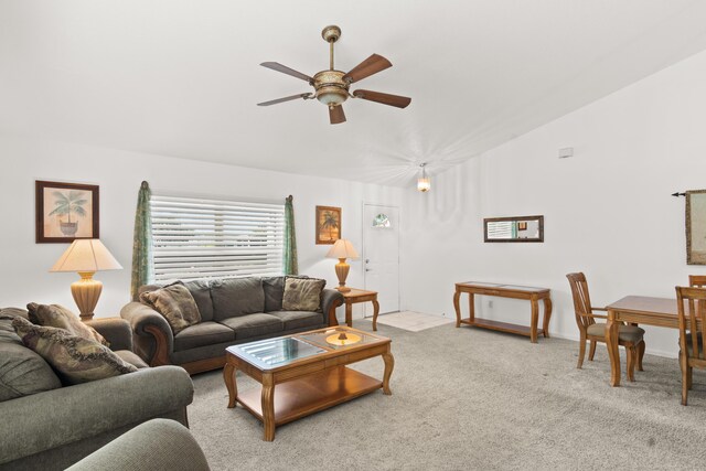 460 NW Turin Ct, Port Saint Lucie, FL 34986 - living room featuring ceiling fan, carpet flooring, and lofted ceiling