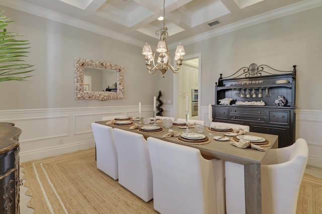 10841 SE Arielle Ter, Jupiter, FL 33469 - dining space with an inviting chandelier, crown molding, visible vents, beamed ceiling, and coffered ceiling
