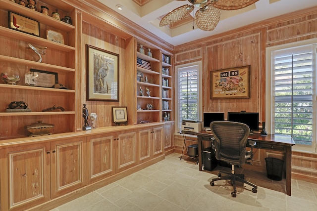 10841 SE Arielle Ter, Jupiter, FL 33469 - home office featuring wooden walls, built in features, ceiling fan, and a healthy amount of sunlight