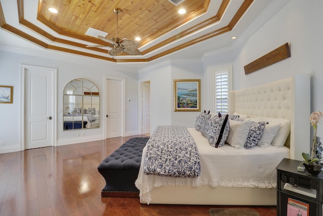 10841 SE Arielle Ter, Jupiter, FL 33469 - bedroom with crown molding, wood finished floors, a tray ceiling, and wooden ceiling