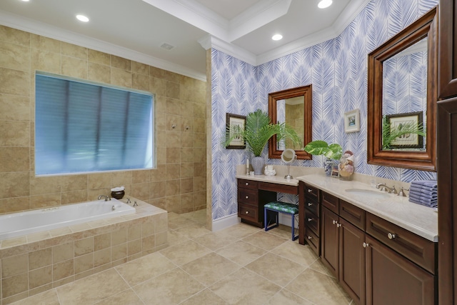 10841 SE Arielle Ter, Jupiter, FL 33469 - full bathroom with a garden tub, tile patterned flooring, vanity, ornamental molding, and recessed lighting