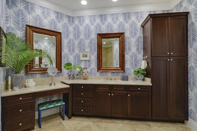 10841 SE Arielle Ter, Jupiter, FL 33469 - bathroom featuring wallpapered walls, tile patterned flooring, and vanity