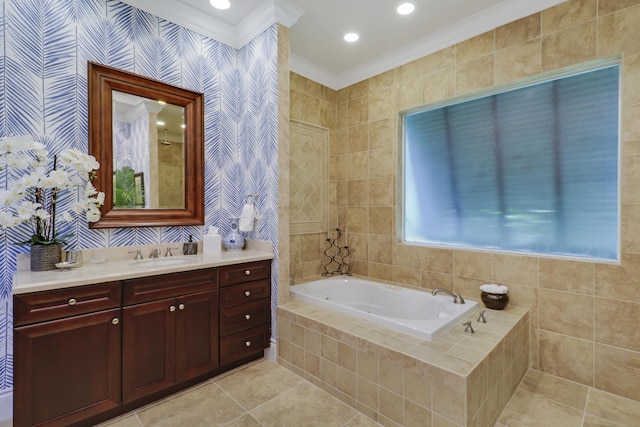 10841 SE Arielle Ter, Jupiter, FL 33469 - bathroom with a bath, crown molding, tile patterned floors, vanity, and wallpapered walls