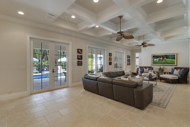 10841 SE Arielle Ter, Jupiter, FL 33469 - living room with beam ceiling, french doors, recessed lighting, baseboards, and a ceiling fan