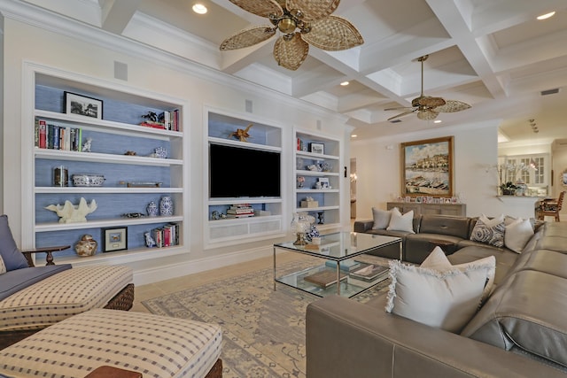 10841 SE Arielle Ter, Jupiter, FL 33469 - living area featuring a ceiling fan, beamed ceiling, visible vents, ornamental molding, and coffered ceiling