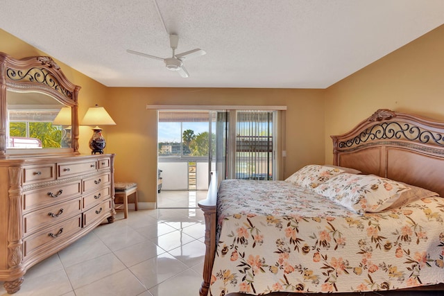 bedroom with ceiling fan, a textured ceiling, access to exterior, baseboards, and light tile patterned floors