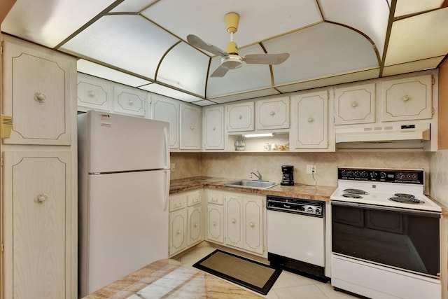 kitchen with decorative backsplash, a ceiling fan, a sink, under cabinet range hood, and white appliances