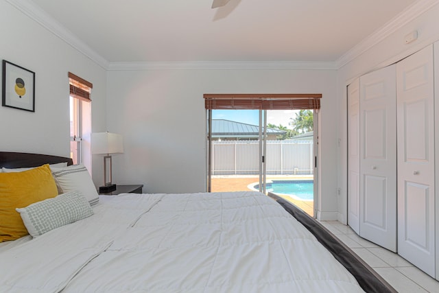 22031 SW 127th Ave, Miami, FL 33170 - bedroom with access to exterior, light tile patterned flooring, crown molding, a ceiling fan, and a closet