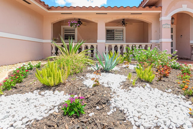 22031 SW 127th Ave, Miami, FL 33170 - doorway to property featuring ceiling fan, stucco siding, and a tile roof