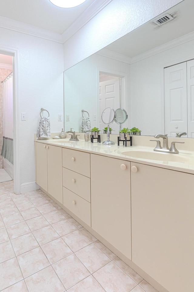 22031 SW 127th Ave, Miami, FL 33170 - bathroom featuring ornamental molding, double vanity, and tile patterned floors
