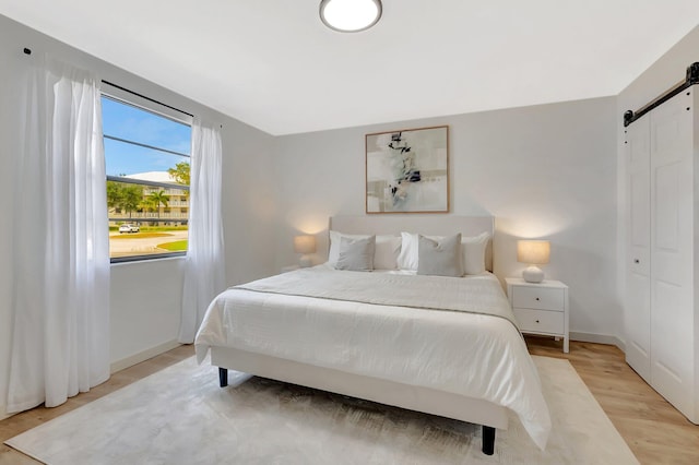 6049 Balboa Cir Unit 106, Boca Raton, FL 33433 - bedroom featuring baseboards, a barn door, and light wood-style flooring