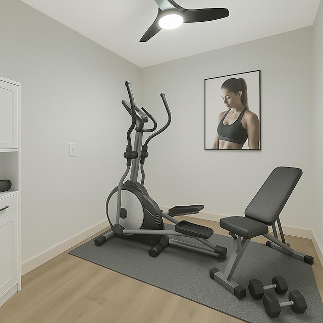 6049 Balboa Cir Unit 106, Boca Raton, FL 33433 - workout area with baseboards, a ceiling fan, and wood finished floors