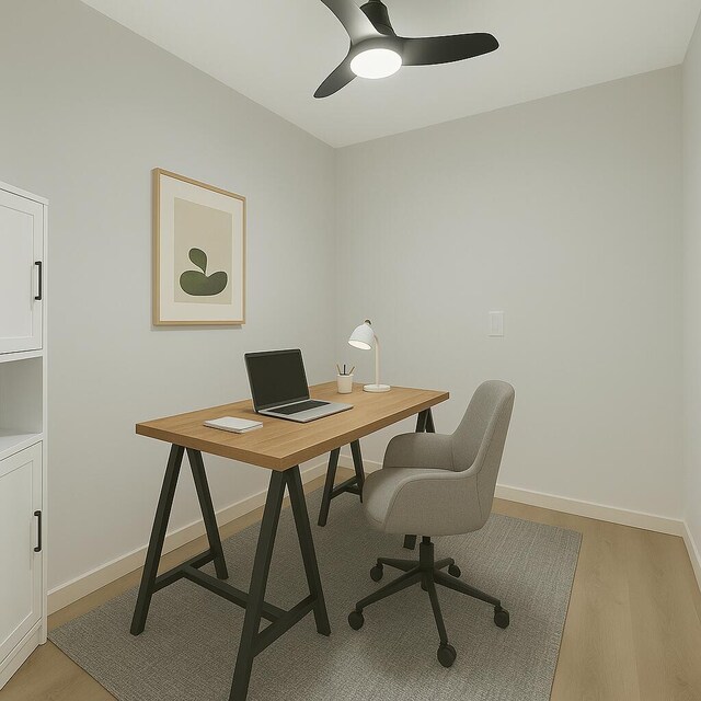 6049 Balboa Cir Unit 106, Boca Raton, FL 33433 - office area featuring a ceiling fan, baseboards, and light wood finished floors
