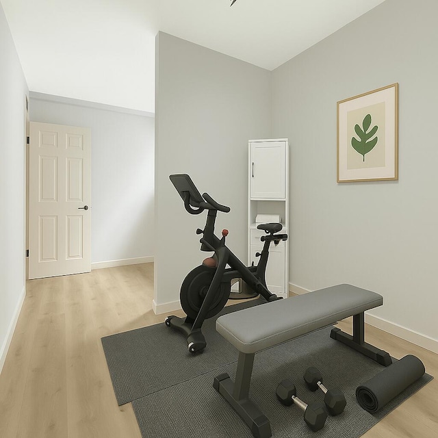 6049 Balboa Cir Unit 106, Boca Raton, FL 33433 - workout room featuring baseboards and light wood-style flooring