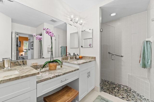 full bath with visible vents, a stall shower, vanity, tile patterned floors, and recessed lighting