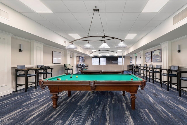 game room with pool table, carpet flooring, and visible vents