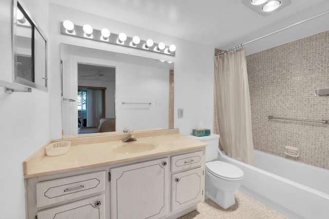 ensuite bathroom with ceiling fan, vanity, toilet, connected bathroom, and shower / bath combo with shower curtain