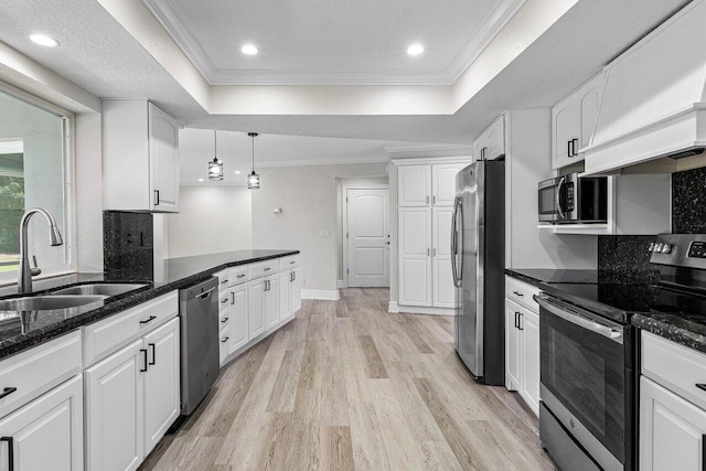 kitchen featuring ornamental molding, premium range hood, a raised ceiling, a sink, and appliances with stainless steel finishes