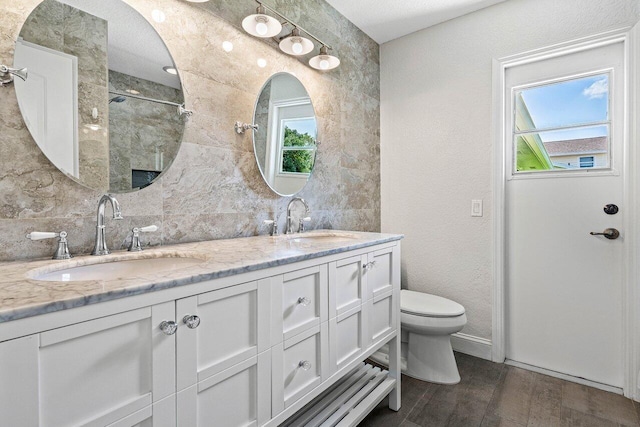 full bath featuring double vanity, a sink, and a healthy amount of sunlight