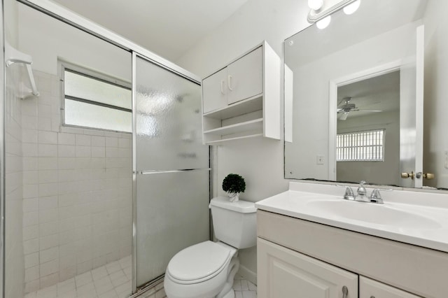 bathroom with vanity, ceiling fan, a shower stall, and toilet