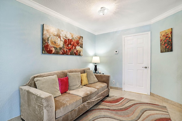 503 Vision Ct, Palm Beach Gardens, FL 33418 - living room with crown molding, tile patterned floors, baseboards, and a textured ceiling