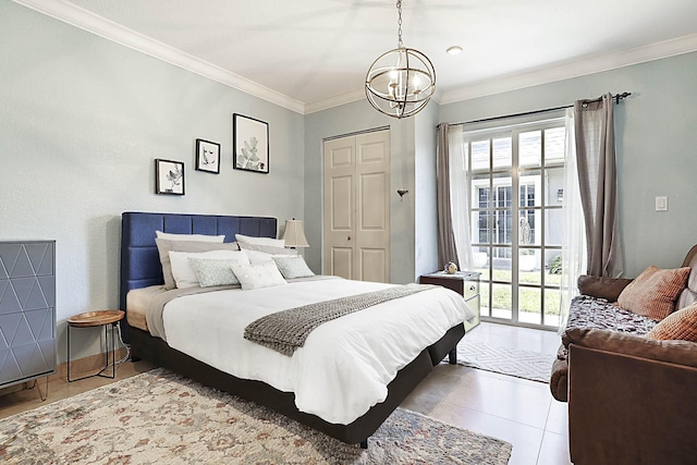 503 Vision Ct, Palm Beach Gardens, FL 33418 - tiled bedroom with access to outside, ornamental molding, multiple windows, and a notable chandelier