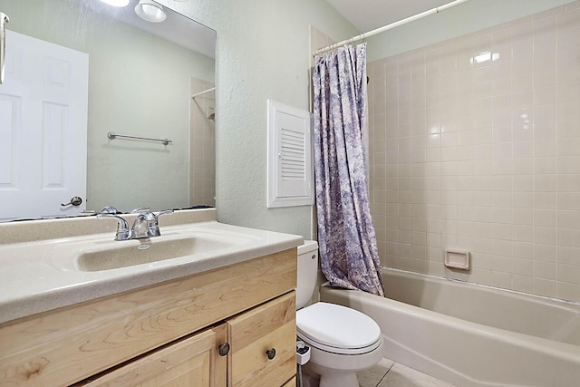 503 Vision Ct, Palm Beach Gardens, FL 33418 - bathroom with a textured wall, tile patterned flooring, vanity, toilet, and shower / bathtub combination with curtain