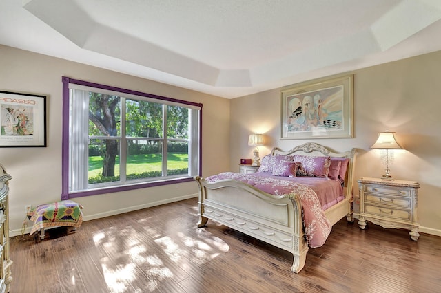 bedroom with baseboards, wood finished floors, and a tray ceiling