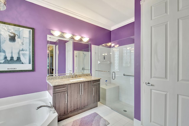 bathroom with vanity, a garden tub, crown molding, tile patterned flooring, and a stall shower