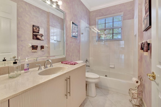 bathroom with tile patterned flooring, crown molding, vanity, toilet, and bathtub / shower combination