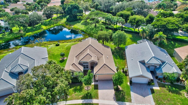 aerial view featuring a residential view and a water view