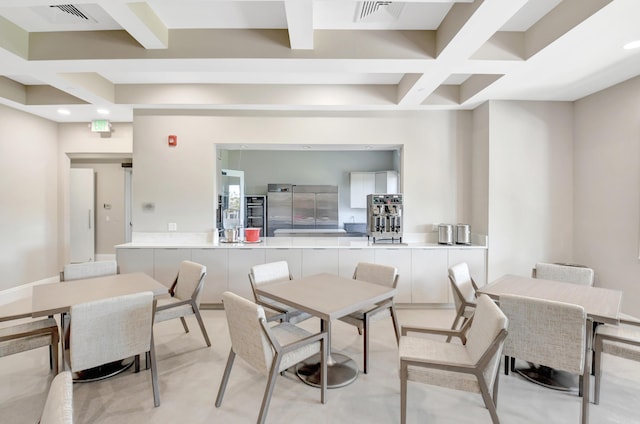 dining room with visible vents, recessed lighting, coffered ceiling, and beam ceiling