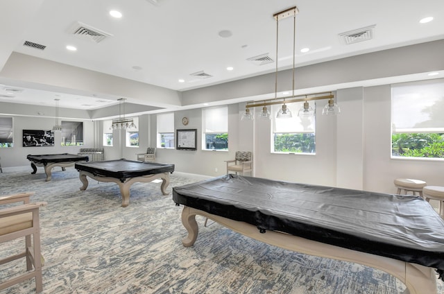 playroom with carpet floors, billiards, and visible vents