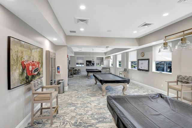 rec room with billiards, baseboards, carpet flooring, and visible vents