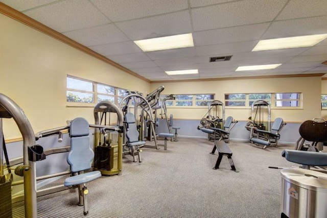 4001 N Ocean Blvd Unit 1108, Boca Raton, FL 33431 - workout area with crown molding, carpet floors, a paneled ceiling, and baseboards