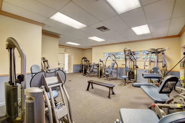 4001 N Ocean Blvd Unit 1108, Boca Raton, FL 33431 - gym featuring crown molding, carpet flooring, and a drop ceiling