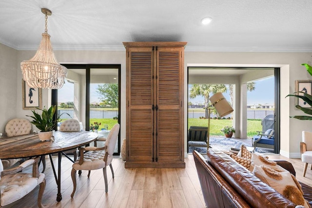dining area featuring light wood-style flooring, a water view, a chandelier, and a healthy amount of sunlight