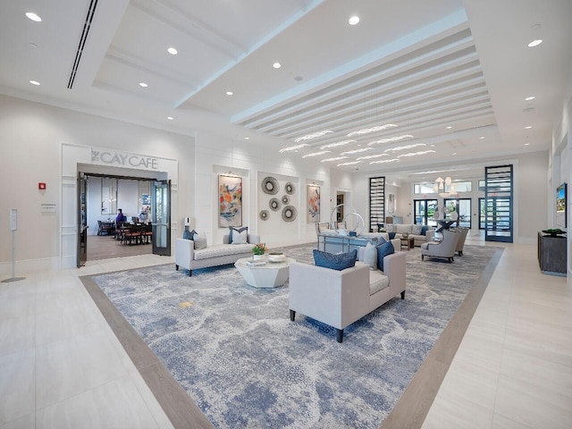 interior space with recessed lighting and light tile patterned floors
