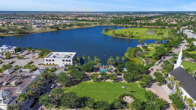 drone / aerial view with a water view