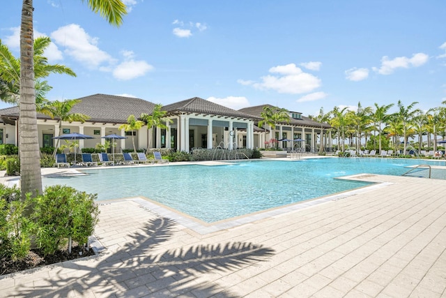 pool with a patio