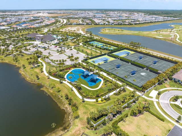 aerial view featuring a residential view and a water view