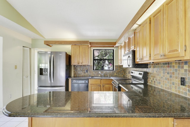 kitchen featuring a sink, a peninsula, backsplash, and stainless steel appliances