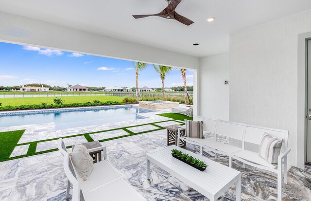 20136 Se Bridgewater Drive Livingston Model, Jupiter, FL 33458 - view of patio with ceiling fan, a pool with connected hot tub, a fenced backyard, and an outdoor hangout area