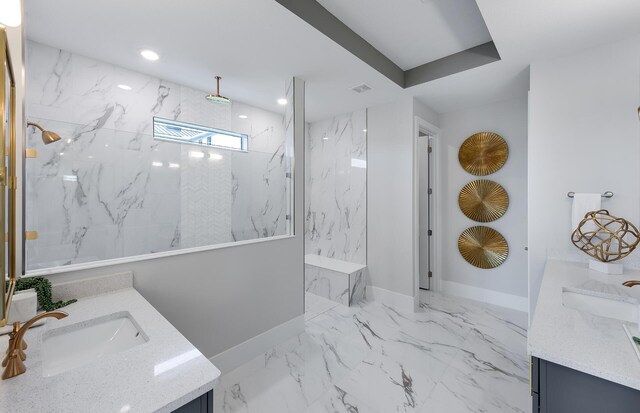 20136 Se Bridgewater Drive Livingston Model, Jupiter, FL 33458 - full bath featuring vanity, a marble finish shower, marble finish floor, recessed lighting, and baseboards