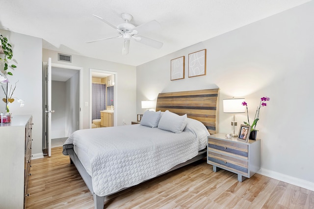 bedroom featuring baseboards, a ceiling fan, light wood-type flooring, and visible vents