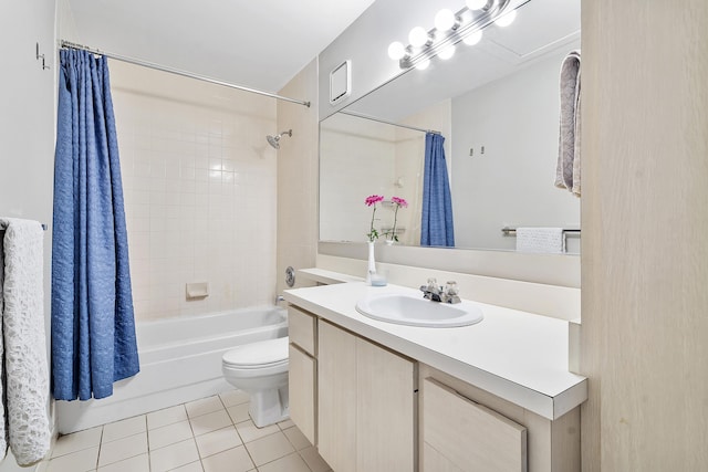 full bath with tile patterned floors, vanity, shower / bathtub combination with curtain, and toilet